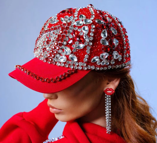 Red Crystal Embellished Cap