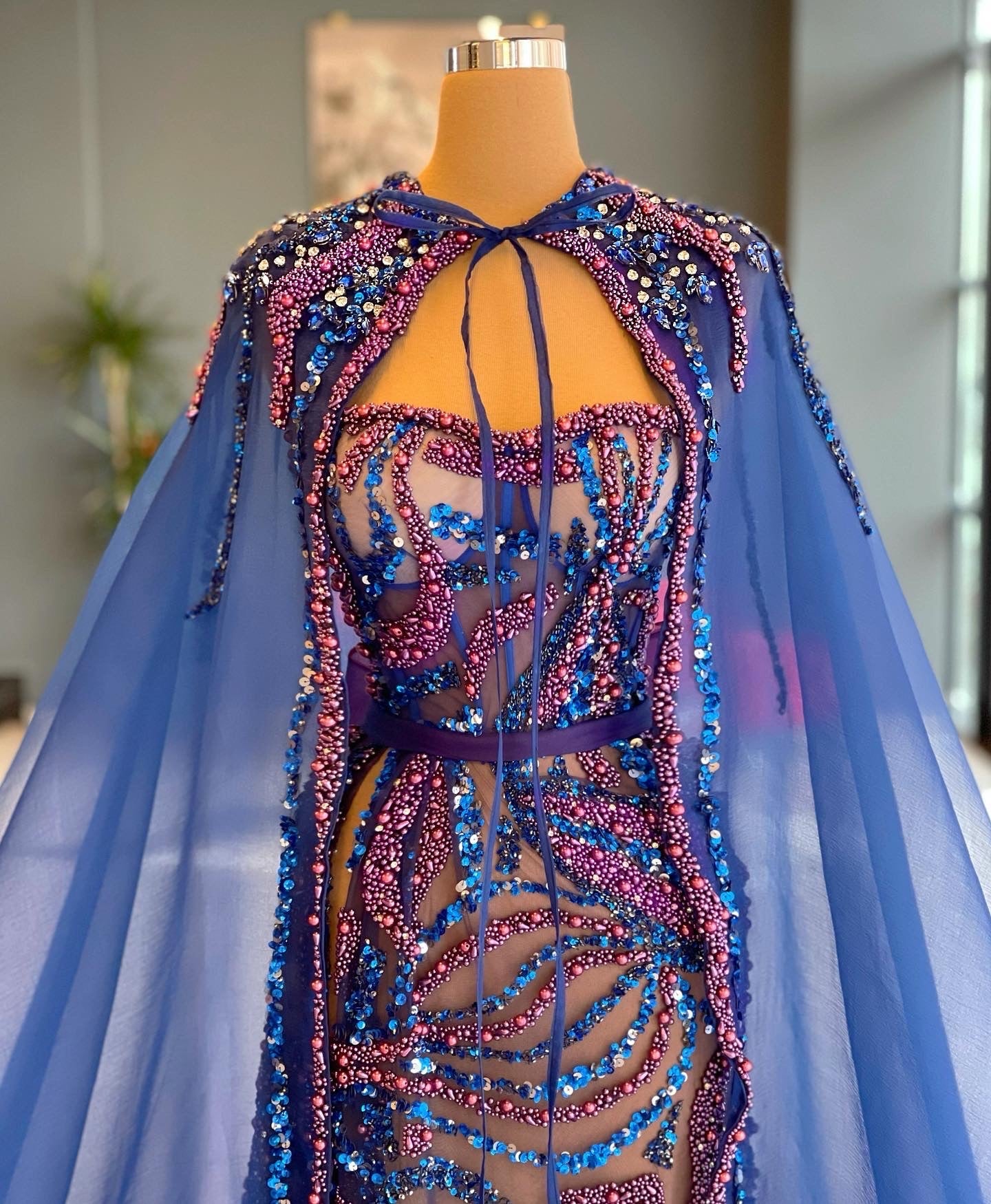 Blue & Purple Beaded Cape Gown