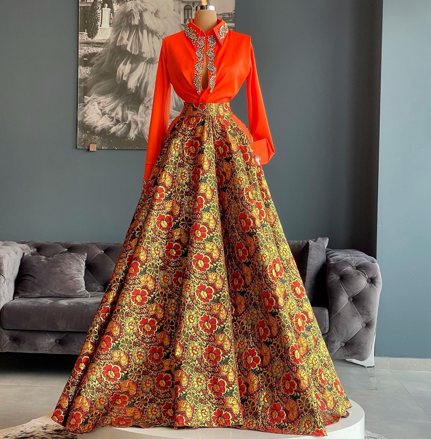 Orange Satin Shirt & Brocade Floral Gown