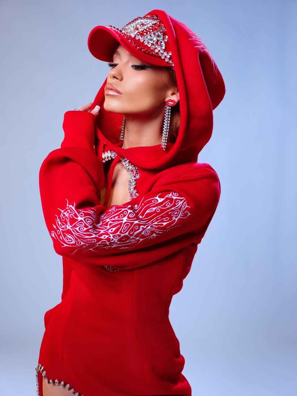 Red Embellished Hoodie Dress