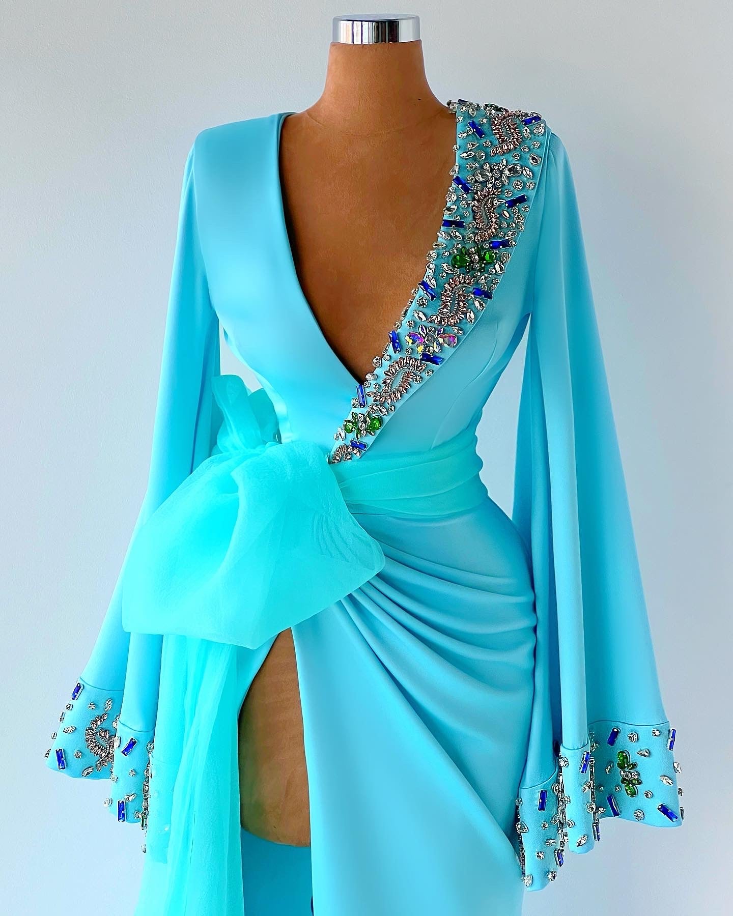 Baby Blue Satin Gown Crystals Details