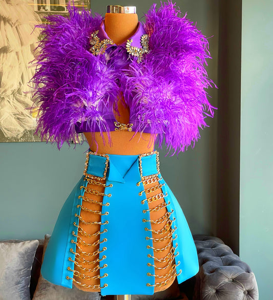 Feather Purple Vest  &  Blue Skirt Chain Details