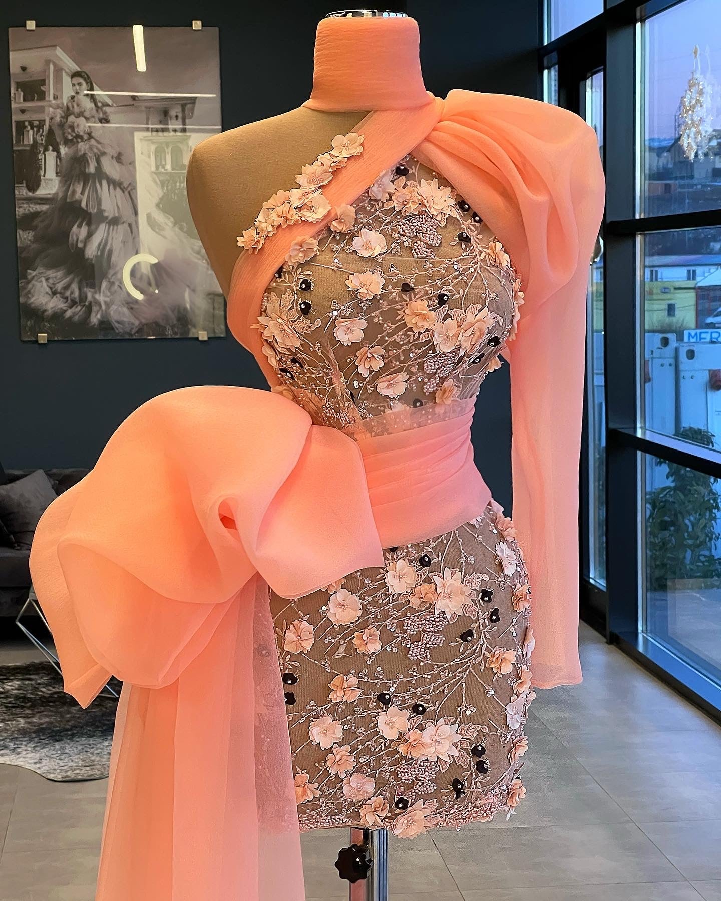 Peach Floral Beaded Short Dress