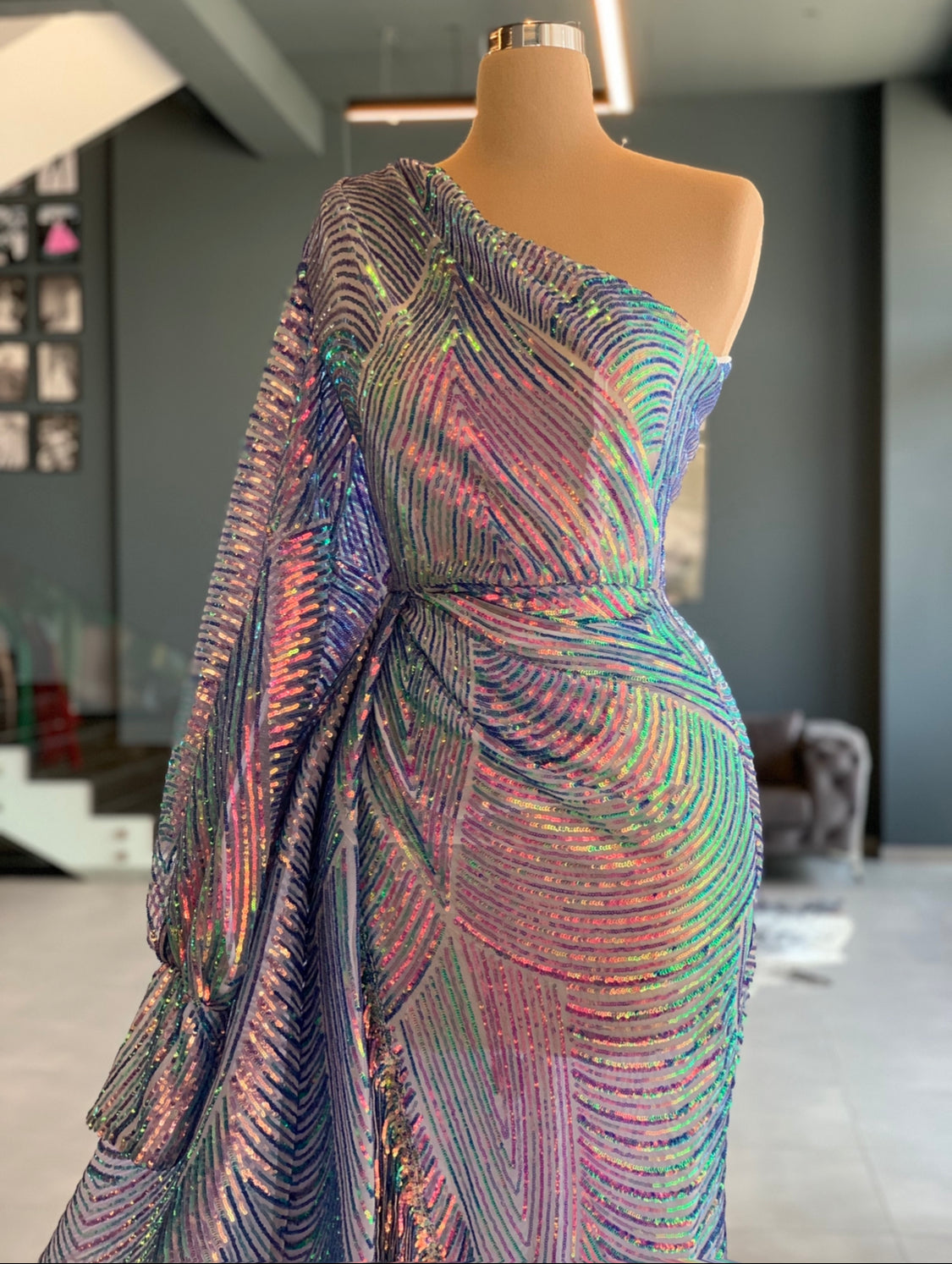 One Shoulder Holographic Gown