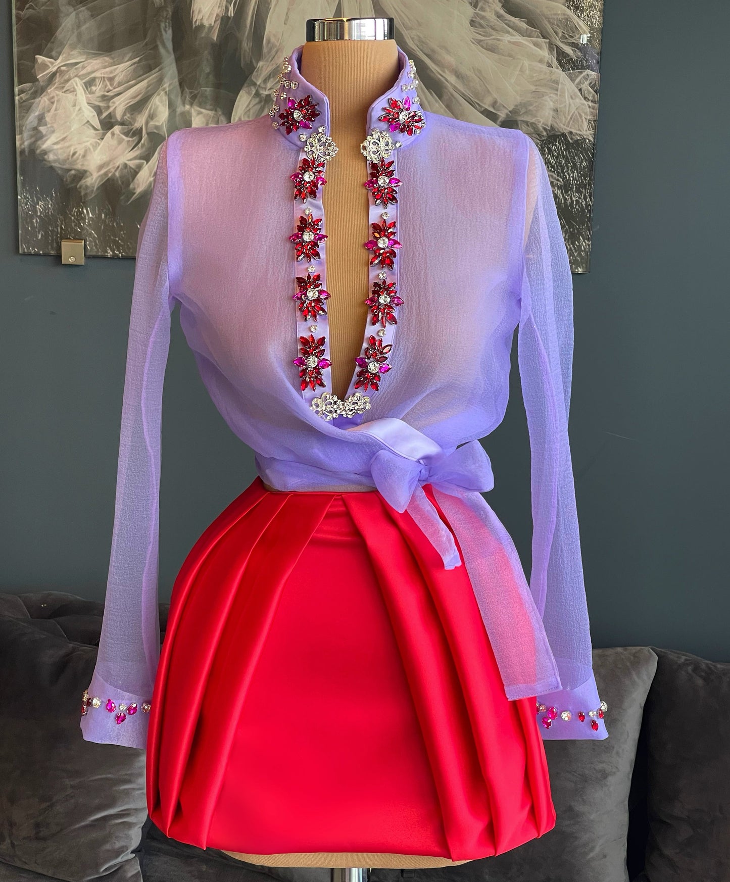 Lilac Organza  Shirt & Red Satin Skirt