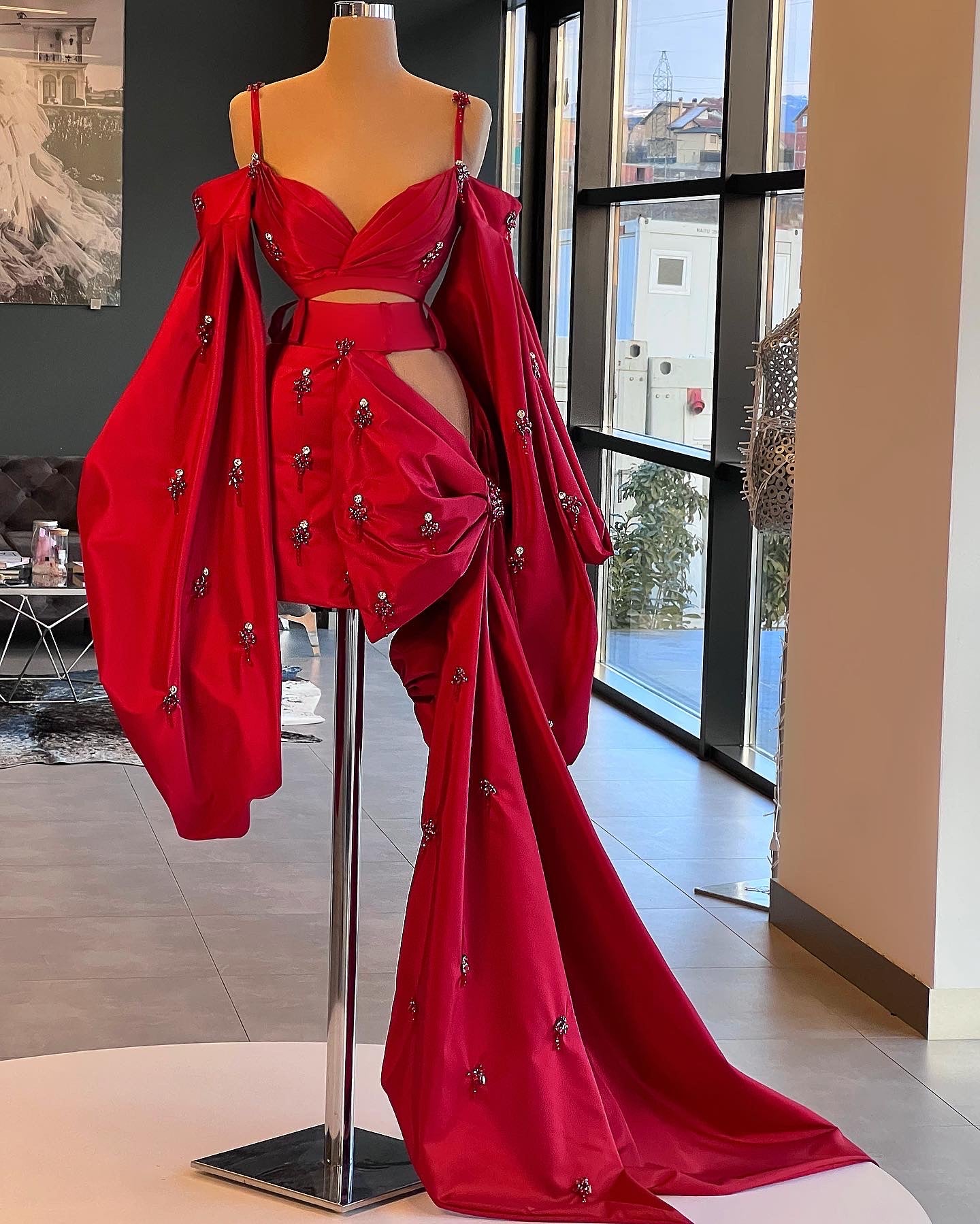 Dona Matoshi Red Embellished Hoodie Dress