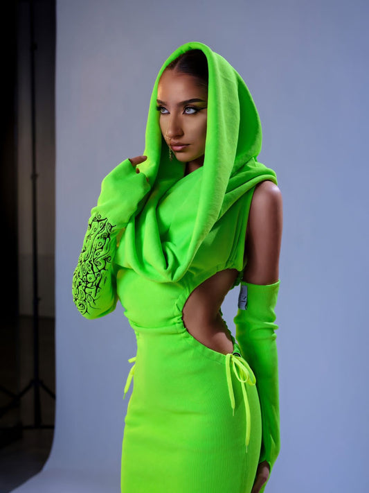 Green Neon Stretched Dress & Gloves