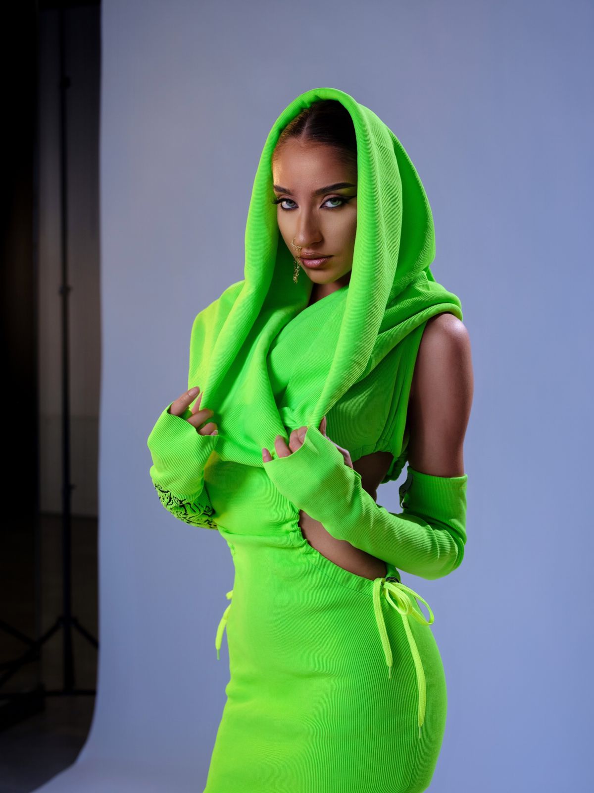 Green Neon Stretched Dress & Gloves