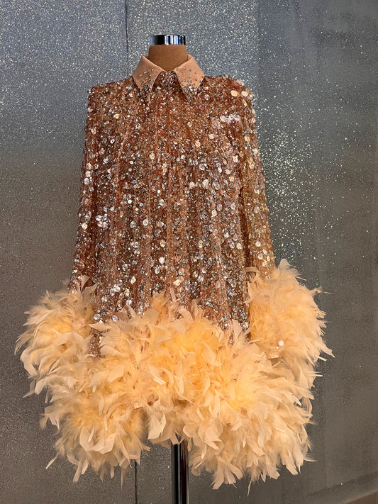Peach Sequin & Feather  Dress